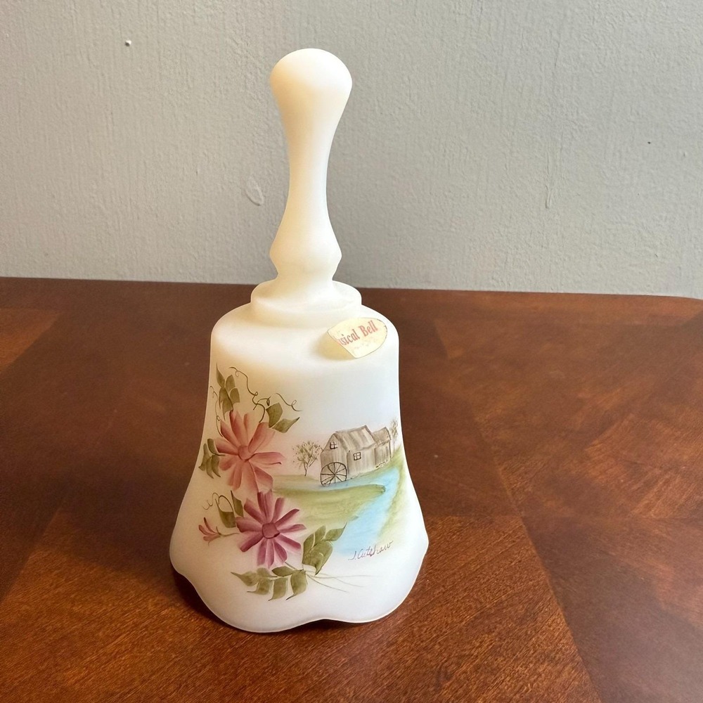 Vintage Fenton Hand Painted Milk Glass Musical‎ Bell Signed Love Quote